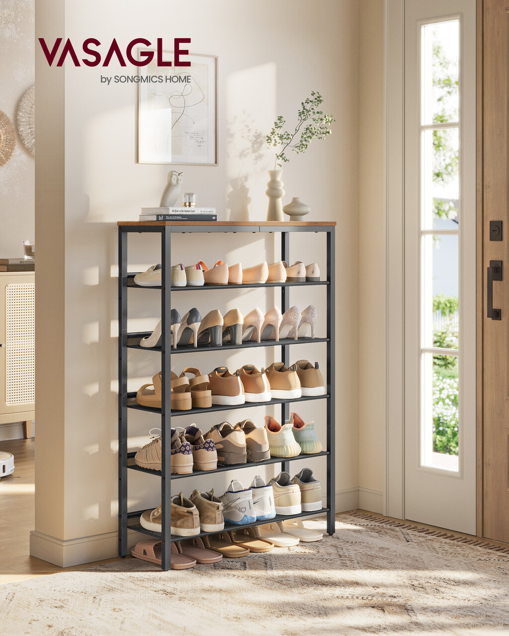 Pantofar cu 6 rafturi Industrial, 75x28x114 cm, PAL/otel, maro rustic - imagine 7